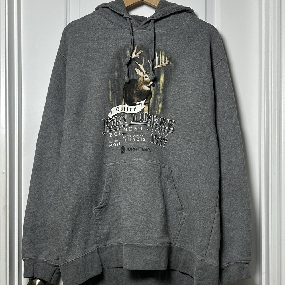 John Deere Heather Gray Buck Deer Graphic‎ Fleece Pullover Hoodie Gorpcore Style